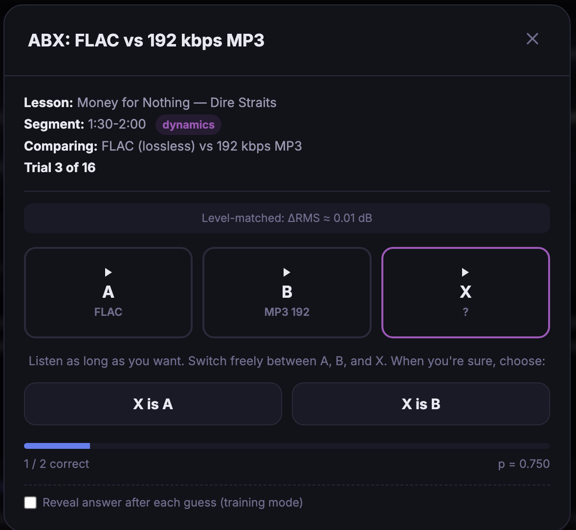 ABX blind test screen with binomial statistics