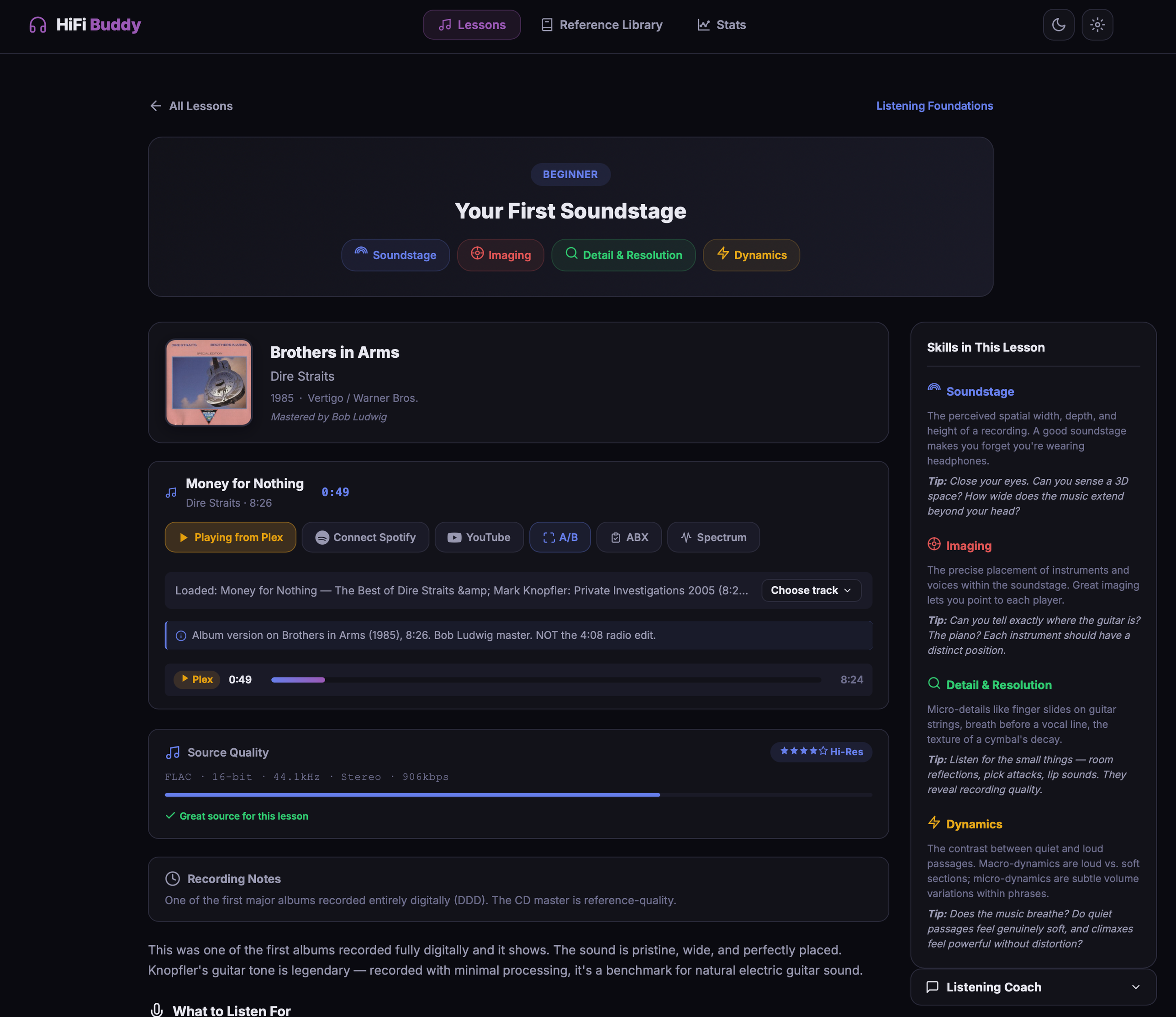 HiFi Buddy lesson view with player, source quality, and skills sidebar