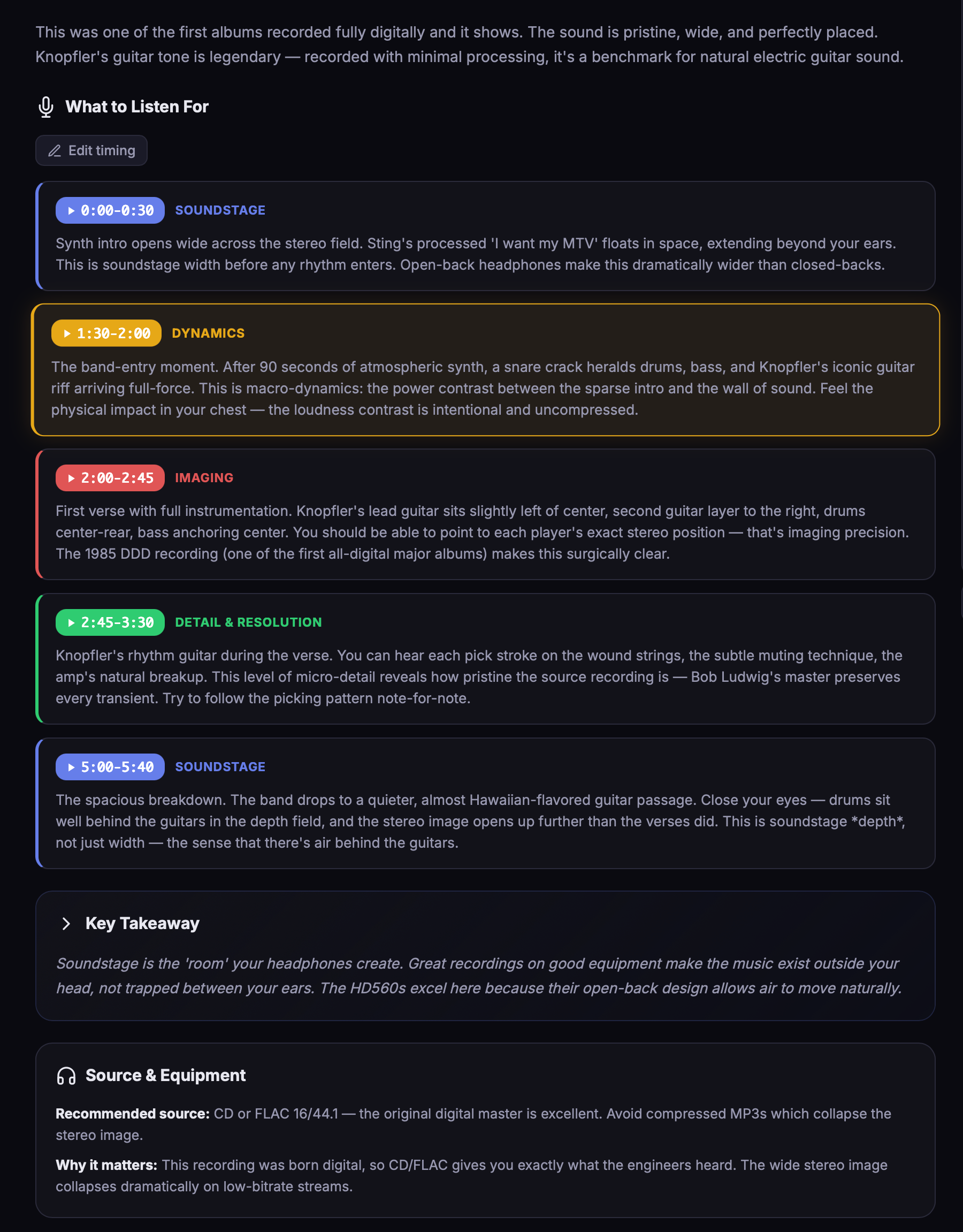 Timestamped listening segments, color-coded by skill